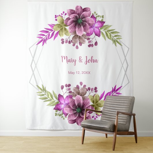 Roze en groene waterverf bloem bruiloftsfoto wandkleed (In situ)