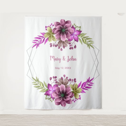 Roze en groene waterverf bloem bruiloftsfoto wandkleed (Voorkant)