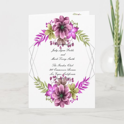 Roze en groene waterverf bloem bruiloftsprogramma aankondiging (Voorkant)