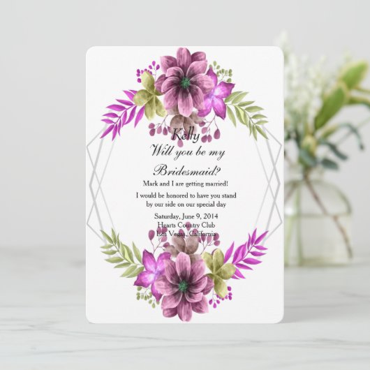 Roze en Groene Waterverf Bloemen Bruidsmeisje Kaart (Staand voorkant)