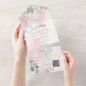 Roze en groene Waterverf Boho Floral QR Code All In One Uitnodiging (Afscheurbaar)