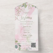 Roze en groene Waterverf Boho Floral QR Code All In One Uitnodiging (Binnen)