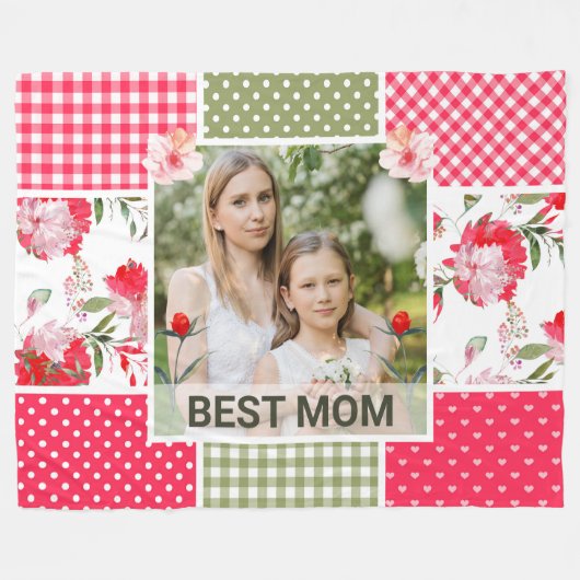 Roze en groene Waterverf Floral Patchwork Mam Fleece Deken (Voorkant (Horizontaal))