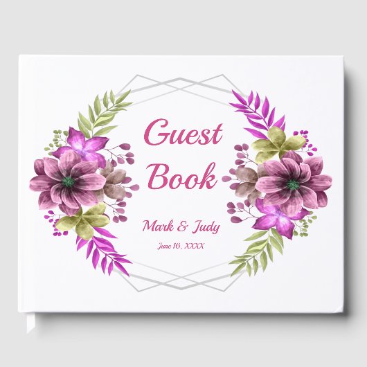Roze en groene Waterverf Floral Wedding Gastenboek (Voorkant)