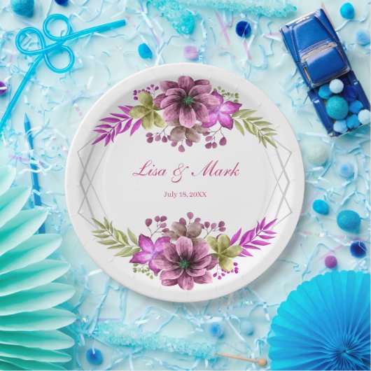 Roze en groene Waterverf Floral Wedding Papieren Bordje (Feest)