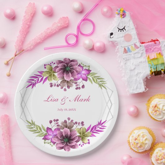 Roze en groene Waterverf Floral Wedding Papieren Bordje (Feest)