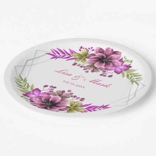 Roze en groene Waterverf Floral Wedding Papieren Bordje (Gekanteld)