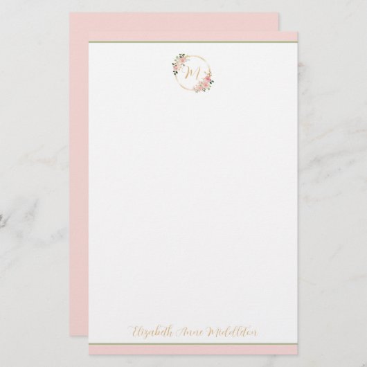 Roze en Groene Waterverf Floral Wreath Monogram Briefpapier (Voorkant / Achterkant)