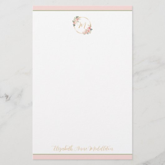 Roze en Groene Waterverf Floral Wreath Monogram Briefpapier (Voorkant)