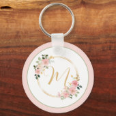 Roze en Groene Waterverf Floral Wreath Monogram Sleutelhanger (Voorkant)