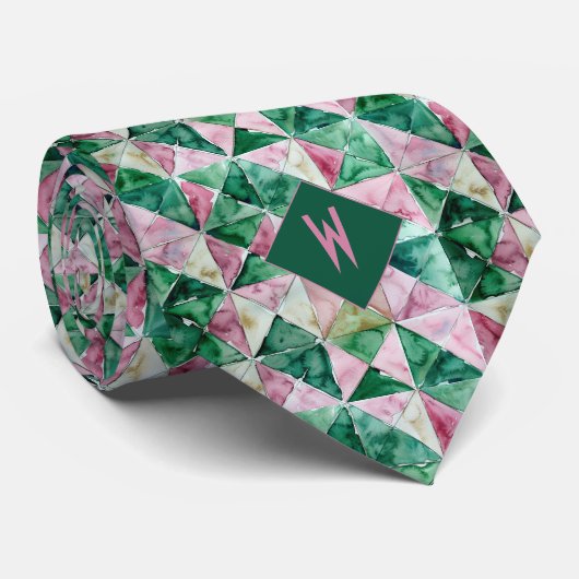 Roze en Groene Waterverf Geometrisch Monogram Stropdas (Opgerold)