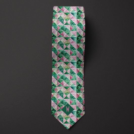 Roze en Groene Waterverf Geometrisch Monogram Stropdas