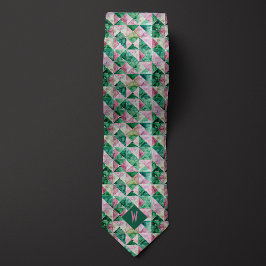 Roze en Groene Waterverf Geometrisch Monogram Stropdas