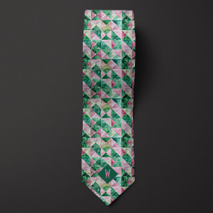 Roze en Groene Waterverf Geometrisch Monogram Stropdas