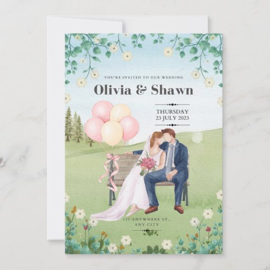 Roze en Groene Waterverf Huwelijksuitnodiging Kaart (Voorkant)