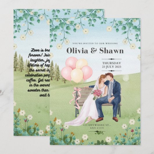 Roze en Groene Waterverf Huwelijksuitnodiging Kaart (Voorkant / Achterkant)