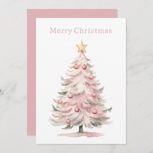 Roze en groene Waterverf kerstboom Feestdagenkaart (Voorkant / Achterkant)