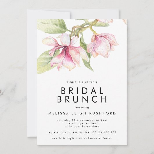 Roze en groene Waterverf Magnolia Bridal Brunch Kaart (Voorkant)