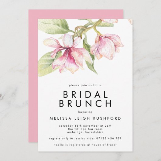 Roze en groene Waterverf Magnolia Bridal Brunch Kaart (Voorkant / Achterkant)