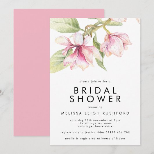Roze en groene Waterverf Magnolia Vrijgezellenfees Kaart (Voorkant / Achterkant)
