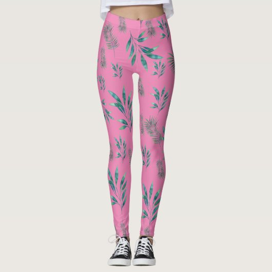 Roze en groene Waterverf palmbladeren Leggings (Voorkant)