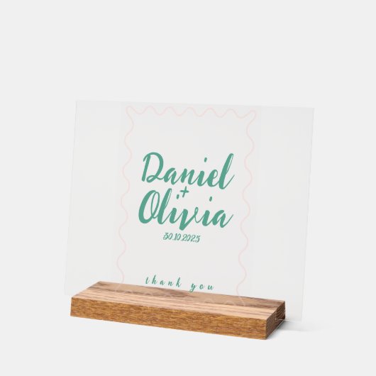 Roze en groene Wavy bruiloft Acryl Bord (Hoek)