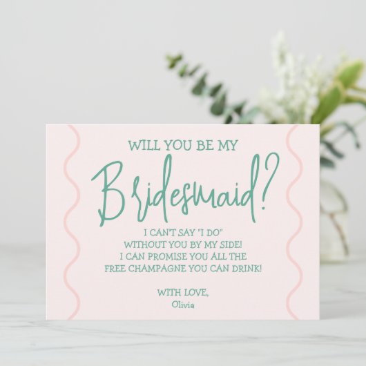 Roze en groene Wavy bruiloft Kaart (Staand voorkant)