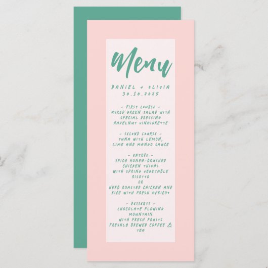Roze en groene Wavy bruiloft Menu (Voorkant / Achterkant)