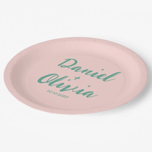 Roze en groene Wavy bruiloft Papieren Bordje (Gekanteld)