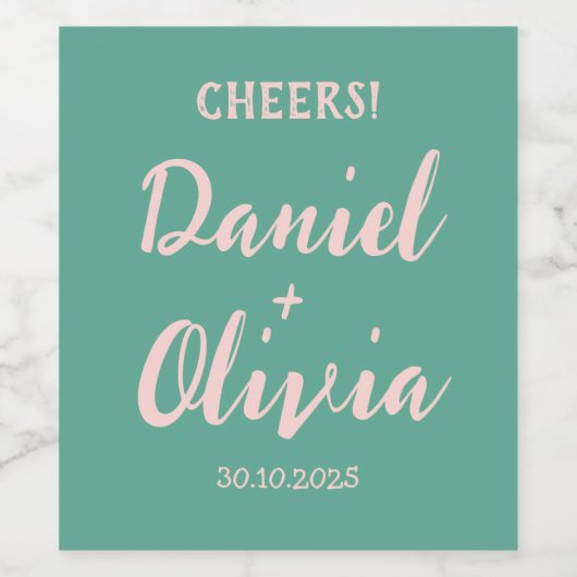 Roze en groene Wavy bruiloft Wijn Etiket (Enkel label)