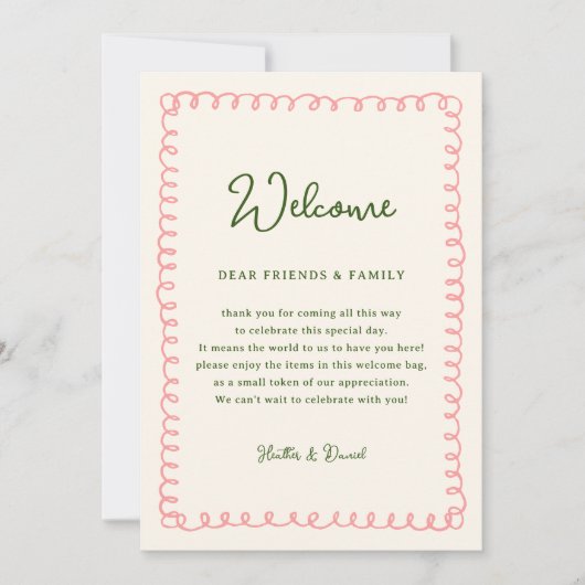 Roze en groene welkomstbrief tijdschema kaart (Voorkant)