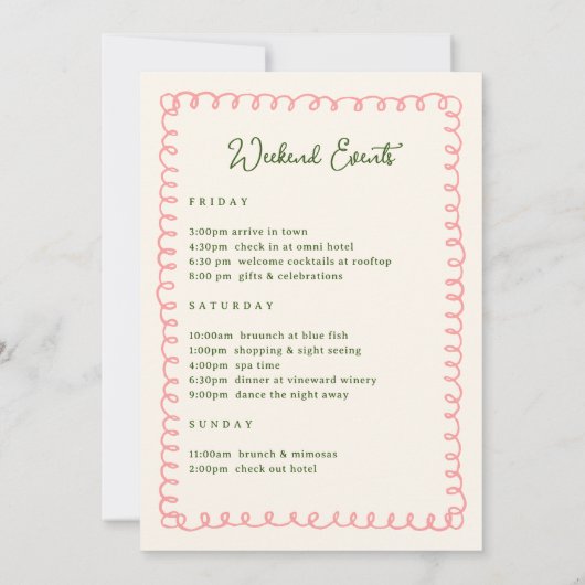 Roze en groene welkomstbrief tijdschema kaart (Achterkant)