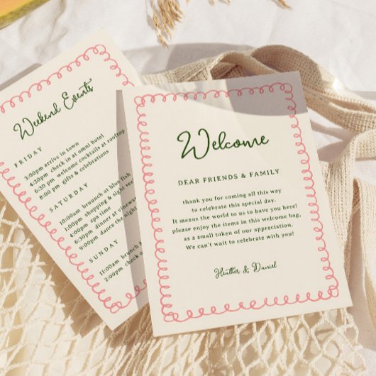 Roze en groene welkomstbrief tijdschema kaart