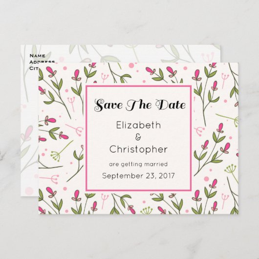 Roze en groene Wildbloemen Patroon sparen de Datum Aankondigingskaart (Voorkant / Achterkant)