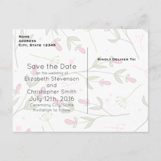 Roze en groene Wildbloemen Patroon sparen de Datum Aankondigingskaart (Achterkant)