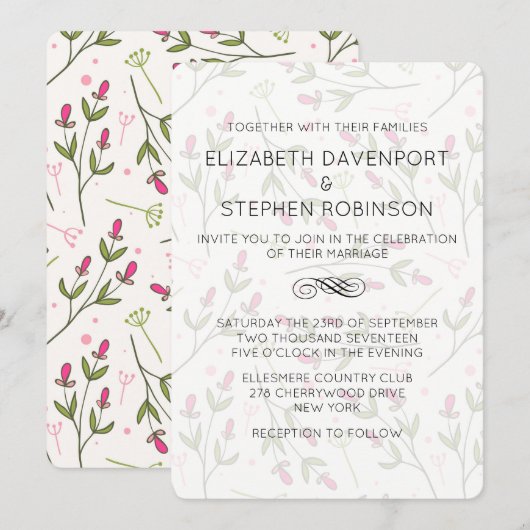 Roze en groene wilde bloemen kaart (Voorkant / Achterkant)