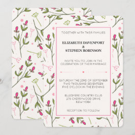 Roze en groene wilde bloemen met lange steel bruil kaart