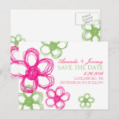 Roze en groene wilde bloemen Save The Date Aankondigingskaart (Voorkant / Achterkant)