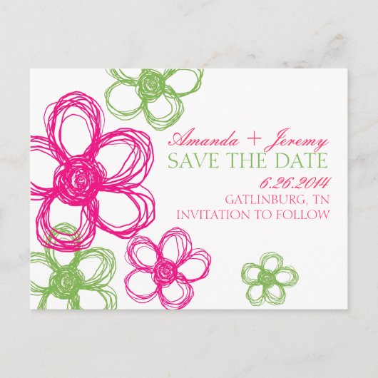 Roze en groene wilde bloemen Save The Date Aankondigingskaart (Voorkant)