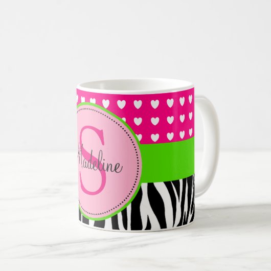 Roze en groene Zebra monogramme mok (Voorkant rechts)