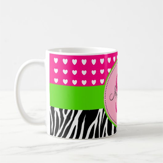 Roze en groene Zebra monogramme mok (Links)