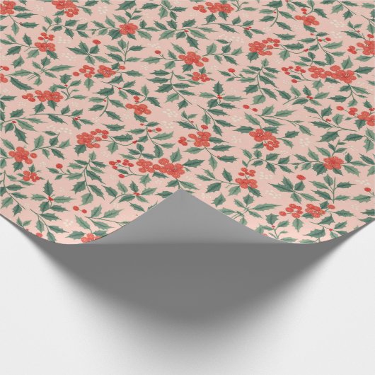 Roze en Holly Christmas Wrapping Paper Cadeaupapier (Hoek)