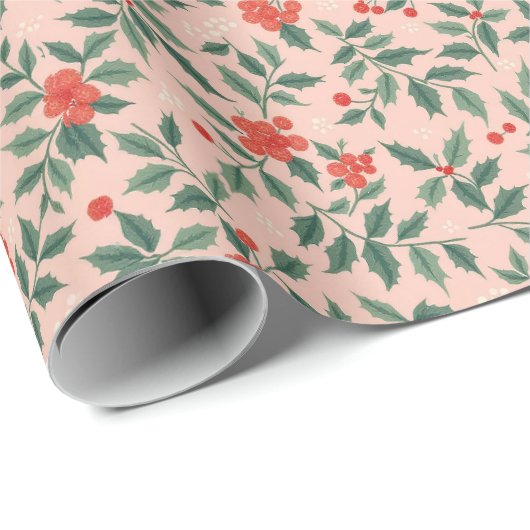 Roze en Holly Christmas Wrapping Paper Cadeaupapier (Rol Hoek)