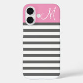 Roze en Houtskool Preppy Strepen Monogram Case-Mate iPhone Case (Achterkant)