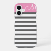 Roze en Houtskool Preppy Strepen Monogram iPhone 16 Hoesje (Achterkant)