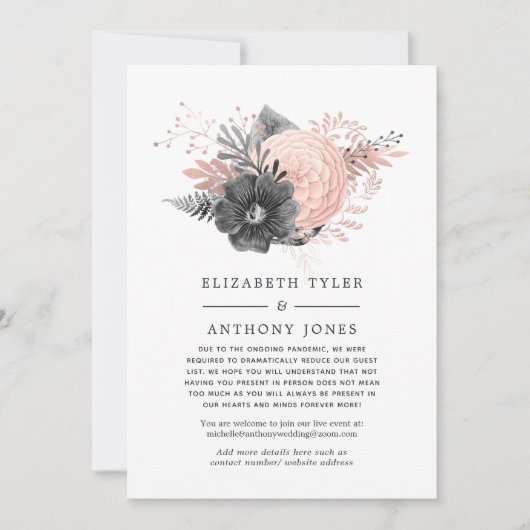 Roze en houtskoolkleurige gereduceerde gastenlijst aankondiging (Voorkant)