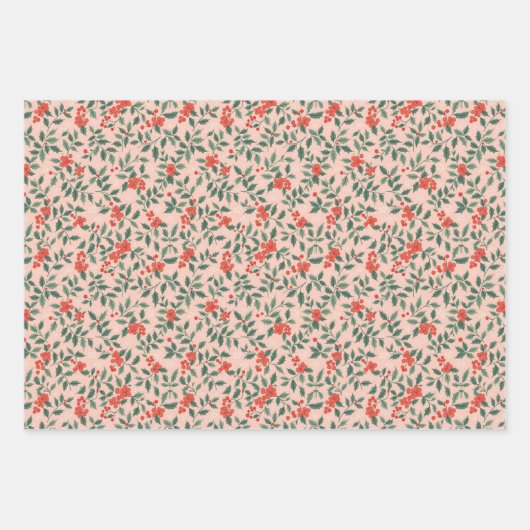 Roze en Hulst Kerst Inpakpapier Vel (Voorkant)