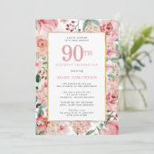 Roze en hydrangea Floral 90th Birthday Kaart (Staand voorkant)