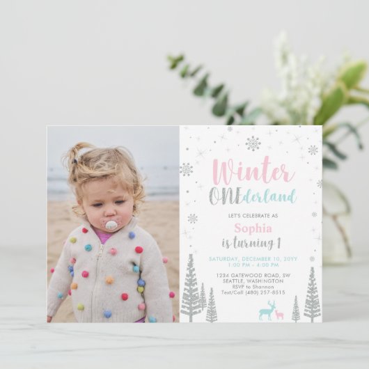 Roze en int | Winter Onederland Girl 1e verjaardag Kaart (Staand voorkant)