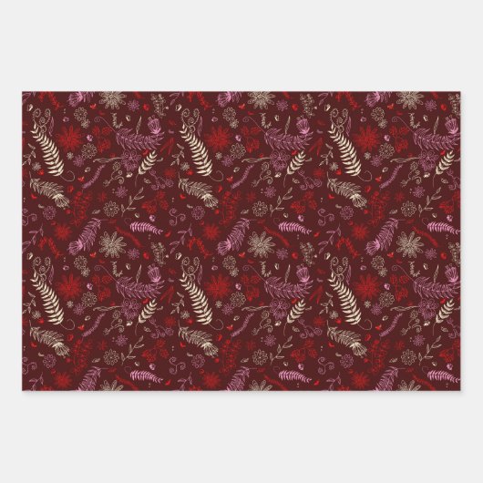 Roze en ivoor bloemen doodles in maroon. inpakpapier vel (Voorkant 2)